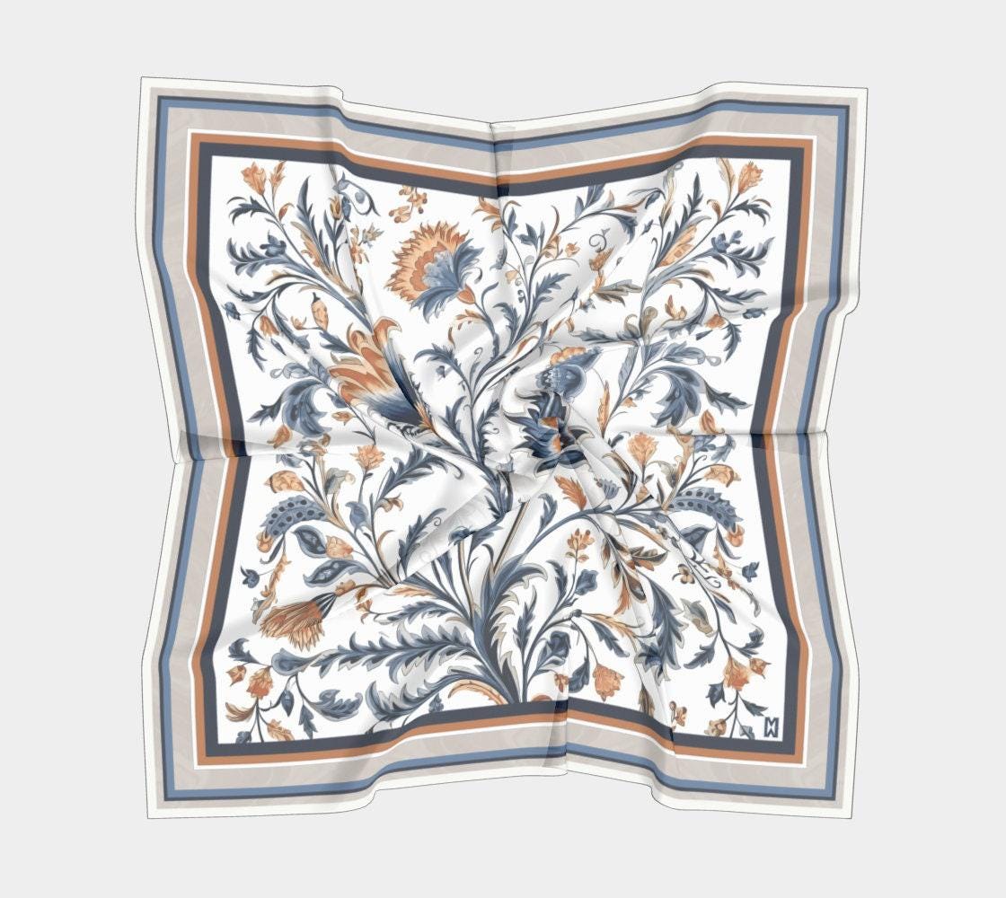 Turkish Tile Pour Flower Pattern Large Border Luxury Silk Scarf- Wearable Art, Style Accessory, Modern Style, Silk Habotai or Charmeuse