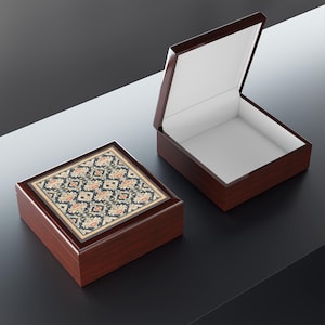 Joyero, colección de azulejos azules y coral, diseño damasco de inspiración barroca rococó, organizador de almacenamiento, estuche decorativo, regalo para ella, hogar