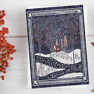 Tapeçaria de inverno de arte popular com floresta, raposa e lua em uma noite de neve Cartões de nota em branco dobrados, papelaria artesanal Xl, arte original