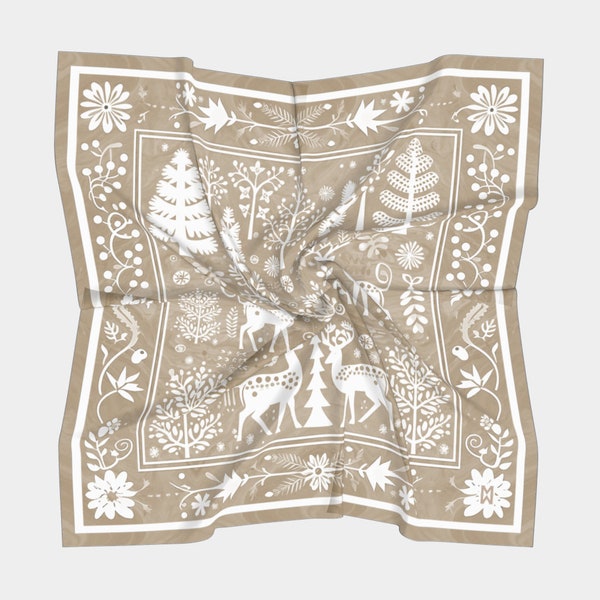 Neutral Pour Deer Tales Tapestry Design Winter Holiday Luxury Silk Scarf- -Wearable Art, Style Accessory, Modern Style, Silk Modal or Cha...