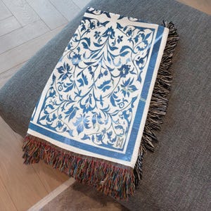 Blue Portuguese Tile Pattern Floral Jacquard Woven Blanket- Original Artwork On Ecofriendly 100% Cotton Throw Blanket