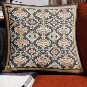 Pour Damask Floral Design Premium Pillow Cover. Blue, Coral, Gold. Vintage Baroque, Maximalist, Victorian Style Washable Doublesided Pillow