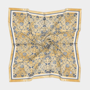 Blue & Yellow Floral Portuguese Tile Pattern Silk Scarf -Wearable Art, Unique Gift, Style Accessory, Modern Style, Silk Habotai or Charmeuse