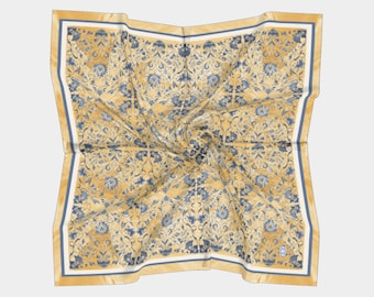 Blue & Yellow Floral Portuguese Tile Pattern Silk Scarf -Wearable Art, Unique Gift, Style Accessory, Modern Style, Silk Habotai or Charmeuse
