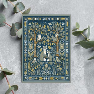 Renards et hiboux des bois turquoise | Cartes de vœux fantaisistes style art populaire | Ensemble de papeterie d'art | Cartes de correspondance vierges pliées