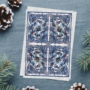 Biglietti di auguri vuoti piegati con pigne, agrifoglio e nastro in stile Art Nouveau invernale, cancelleria artigianale XL, opere d'arte originali in stile vintage INVIA UN ABBRACCIO!