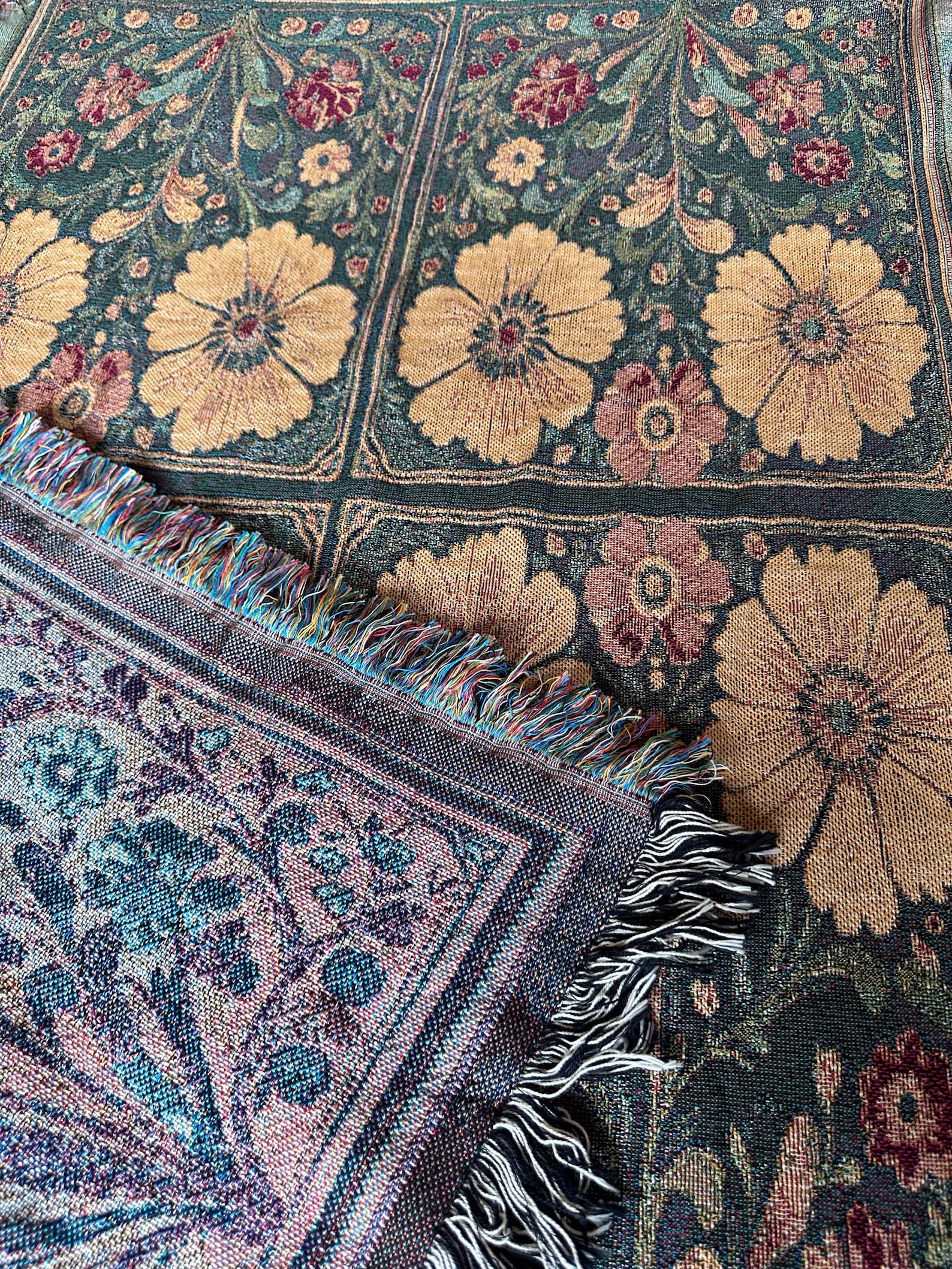Folk Art Nouveau Floral Woven Throw Blanket: 100% Cotton Jacquard Tapestry. Sustainable Decor - 52x37 inch