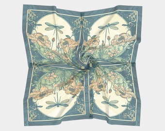 Pour Art Nouveau Dragonfly and Flowers Design  Luxury Silk Scarf- Wearable Art, Style Accessory, Modern Style, Silk Habotai or Charmeuse