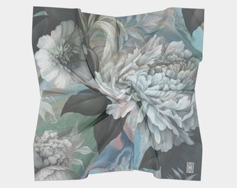 Chinoiserie Pour Chrysanthemum Square Scarf-Wearable Art, Unique Souvenir Great Gift or Wardrobe Accessory, Chic Modern Style, Silk Modal