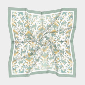 Green & Yellow Floral Portuguese Tile Pattern Silk Scarf -Wearable Art, Unique Gift, Style Accessory, Modern Style, Silk Habotai /Charmeuse