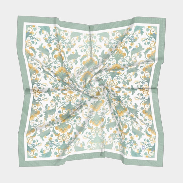 Green & Yellow Floral Portuguese Tile Pattern Silk Scarf -Wearable Art, Unique Gift, Style Accessory, Modern Style, Silk Modal or Charmeuse