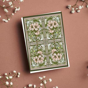 Elegante opera d'arte originale con motivo floreale Art Nouveau rosa con intricato motivo floreale, carta da lettere piegata grande in stile vintage, Belle Epoque
