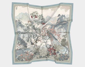 Pour Chinoiserie Landscape with Berry Tree Luxury Silk Scarf- Wearable Art, Style Accessory, Modern Style, Silk Modal or Charmeuse