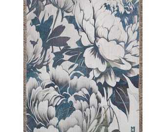 Pour Peonies Chinoiserie Jacquard Woven Blanket- Original Artwork On Ecofriendly 100% Cotton Throw Blanket