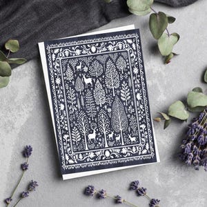 Carte de voeux d'hiver - carte de vœux, forêt bleue et blanche, cerf, style art folklorique - cartes de voeux vierges de 5 x 7 po., oeuvre d'art originale !