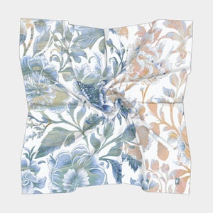 Chinoiserie Pour Pink & Blue Floral Square Scarf -Wearable Art, Unique Souvenir Great Gift, Accessory, Chic Modern Style, Silk Habotai