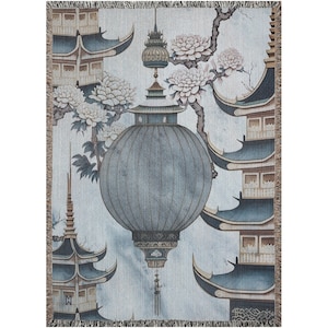 Pour Chinoiserie 6 Pagoda With Lantern Jacquard Woven Blanket- Original Artwork On Ecofriendly 100% Cotton Throw Blanket
