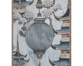 Pour Chinoiserie 6 Pagoda With Lantern Jacquard Woven Blanket- Original Artwork On Ecofriendly 100% Cotton Throw Blanket