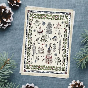 Castelos e coelhos, arte popular, tapeçaria de inverno, cartões de notas em branco dobrados, papelaria artesanal Xg, estilo vintage, arte original. Envie um abraço!