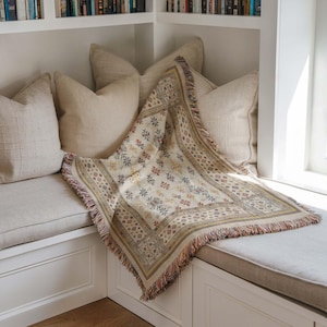 Pour Kilim Style Jacquard Woven 100% Cotton Throw Blanket– Hand Dyed Woven Decor. Neutral Palette, Elaborate Border Tapestry