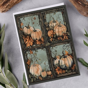 Papelaria de Halloween com design de abóbora Art Nouveau de outono - Cartões comemorativos em branco tamanho GG, envelope incluso, arte original - Compartilhe a magia!