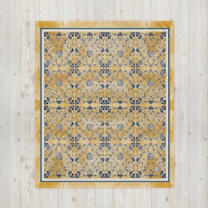 Blue and Yellow Portuguese Floral Tile Pattern Fleece Throw Blanket- Original Artwork on Soft, Hypoallergenic, Washable Blanket