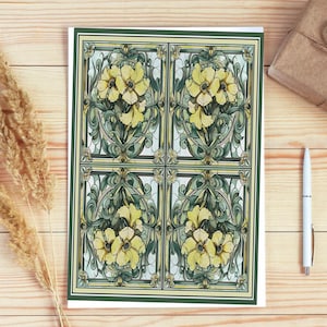 Oeuvre d'art originale jaune élégante de conception florale de style Art nouveau avec un design floral complexe grande papeterie pliée, Belle Epoque