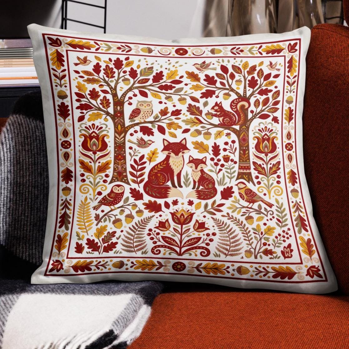 Red Woodland Wonderland Pillow Cover | Fox & Owl Autumn Cushion Cover | Linen Feel Throw Pillow 