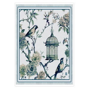 Gießen Sie Pastel Chinoiserie Vögel und Käfig Design - 13x18cm leere Grußkarten, Originale Zeichnung, Umschlag inkl.
