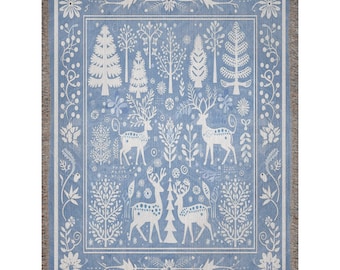 Tapestry Design  Winter Holiday Jacquard Woven Blanket- Original Blue Pour Deer Artwork On Eco-friendly 100% Cotton Throw Blanket