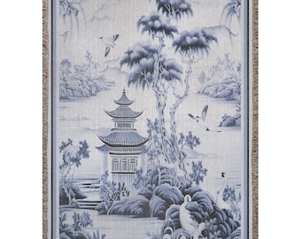 Blue Tone Waterbirds And Pagoda Landscape Chinoiserie Jacquard Woven Blanket- Original Artwork On Ecofriendly 100% Cotton Throw Blanket