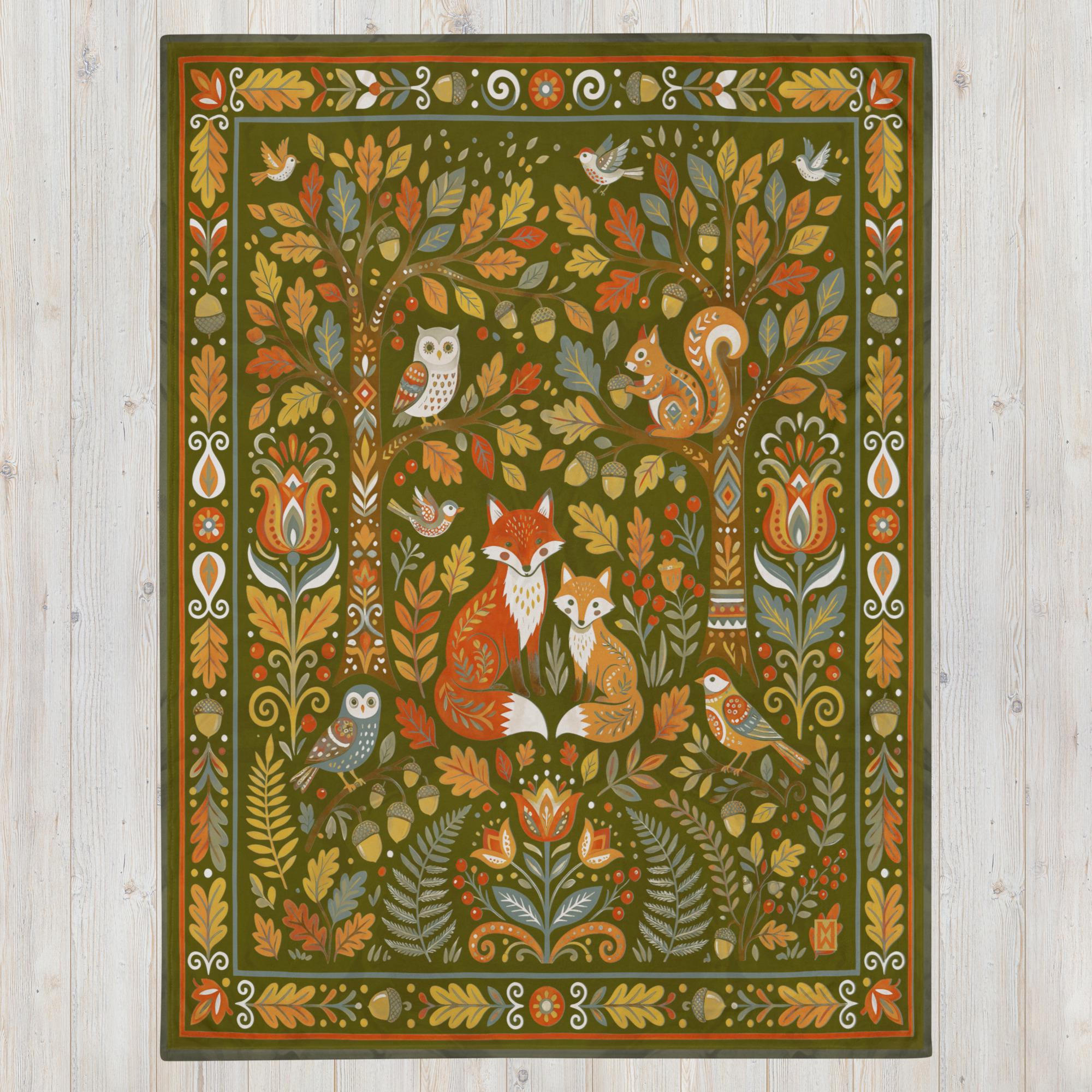 Olive Woodland Foxes & Owls | Whimsical Folk Art Plush Fleece Throw Blanket | Original Art Gift 