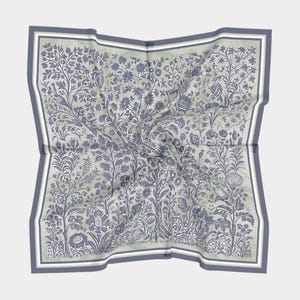 Folk Art Garden Tapestry Design Luxury Silk Scarf- Original Artwork on Silk Habotai/Charmeuse, All Season Vintage Style / Green and Blue ...
