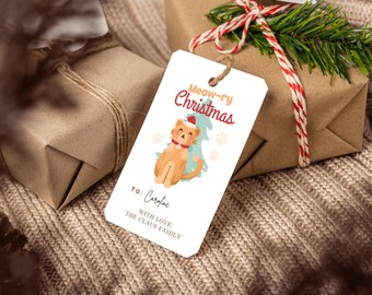 Editable Printable 3.5" by 2" Christmas Cat Gift Tags Holiday Gift Tags Merry Christmas Season Greetings Favor Labels Template Canva