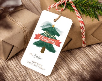 Editable Printable 3.5" by 2" Christmas Tree Gift Tags Holiday Tags Merry Christmas Holiday Season Greetings Favor Labels Template Canva