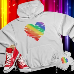 Rainbow Pride Scribble heart on front and back of white hoodie