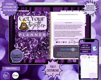 Pode incluir: Um planejador digital roxo e dourado com o texto "Get Your Shit Together Planner" e um emoji de cocô com uma coroa. O planejador inclui hiperlinks para navegação fácil e é totalmente personalizável. O planejador é mostrado na tela de um tablet com um fundo roxo.