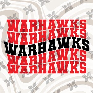 May include: A graphic design featuring the word "WARHAWKS" in a bold, stylized font. The word is repeated multiple times in a wavy pattern, alternating between red and black. The background has a light gray, wavy pattern with small gray geometric shapes.