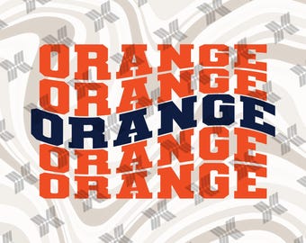 May include: Graphic design featuring the word "ORANGE" in bold, stacked letters. The word is repeated multiple times in a wave-like pattern, with the middle word in navy blue. The background has a light gray, wavy pattern.