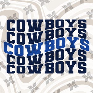 May include: Graphic design featuring the word "COWBOYS" in a repeating pattern. The word is in a bold, sans-serif font, with a navy blue and royal blue color scheme. The background has a wavy, abstract design.