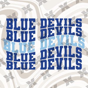 May include: A graphic design with the words "BLUE DEVILS" in a stacked, wavy arrangement. The text is in shades of blue, with a light blue overlay. The background has a swirling pattern in shades of gray and white.