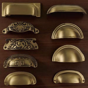 Vintage Style Solid Brass Cup Pulls – Set of 9 Designs with 64 mm (2.52&quot;) Hole Spacing