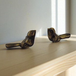 Può includere: Due statuette di uccelli color bronzo. Gli uccelli sono posizionati su una superficie di legno chiaro. Le statuette hanno un aspetto dettagliato e strutturato, con una piccola coda e un becco leggermente aperto. Lo sfondo è un muro neutro con una finestra.