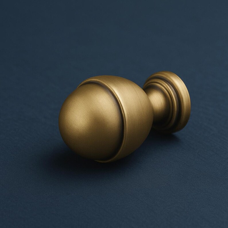 Puede incluir: Un pomo de armario dorado con un dise&ntilde;o redondeado y segmentado. El pomo tiene una base circular y un cuerpo esf&eacute;rico con una ranura horizontal. La ferreter&iacute;a es de metal y tiene un acabado mate. El pomo est&aacute; dise&ntilde;ado para muebles.