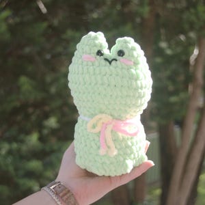 May include: A light green crocheted plush toy shaped like a frog with a rounded head and two small ears. The face features black bead eyes and pink embroidered cheeks. A white and pink yarn bow is tied around the middle of the plush body.