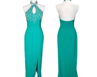 LIKE NEW Vintage 90's Emerald Green w/ Silver Beading Prom Dress Evening Gown w/ Thickly Beaded Choker Collar Halter- Size 4/Small