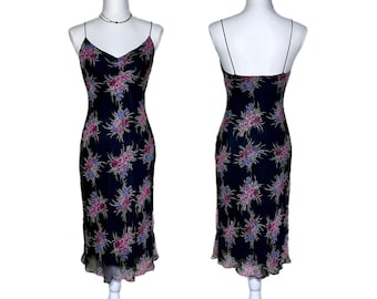 Vintage 90’s Laundry by Shelli Segal 100% Silk Bias Cut Black Floral Midi Slip Dress- Size 6/Small- 90s Grunge Dress Spring Summer Sun Dress