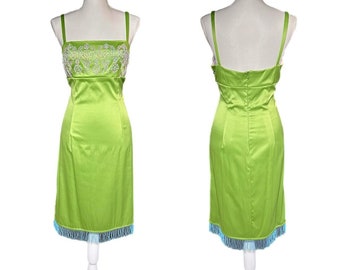Rad NWT Vintage 90’s Rom-Com Satin Electric Green w/ Blue Beaded Fringe & Beaded Bust Spaghetti Strap Dress by Mica- Size 10/Medium