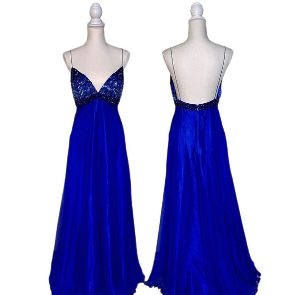 NEW w/ Tags- Vintage 100% Silk Beaded Royal Cobalt Blue Formal Evening Gown w/ Low Open Back by Alberto Makali- Size 6/Small-Medium