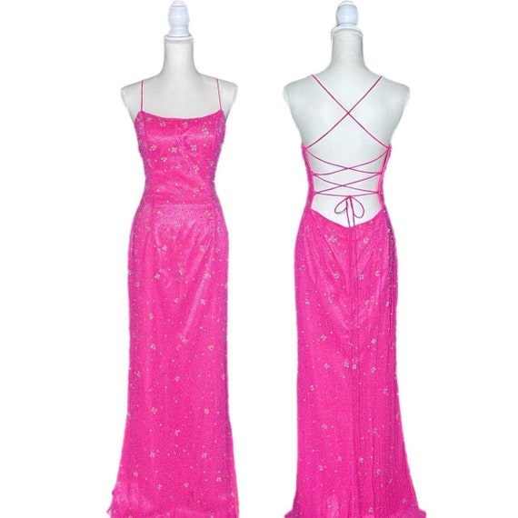 Vintage 100% Silk Hot Pink Barbiecore Beaded Prom… - image 1